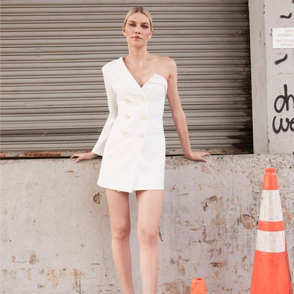 Veronica Beard White One-Shoulder Blazer Mini Dress